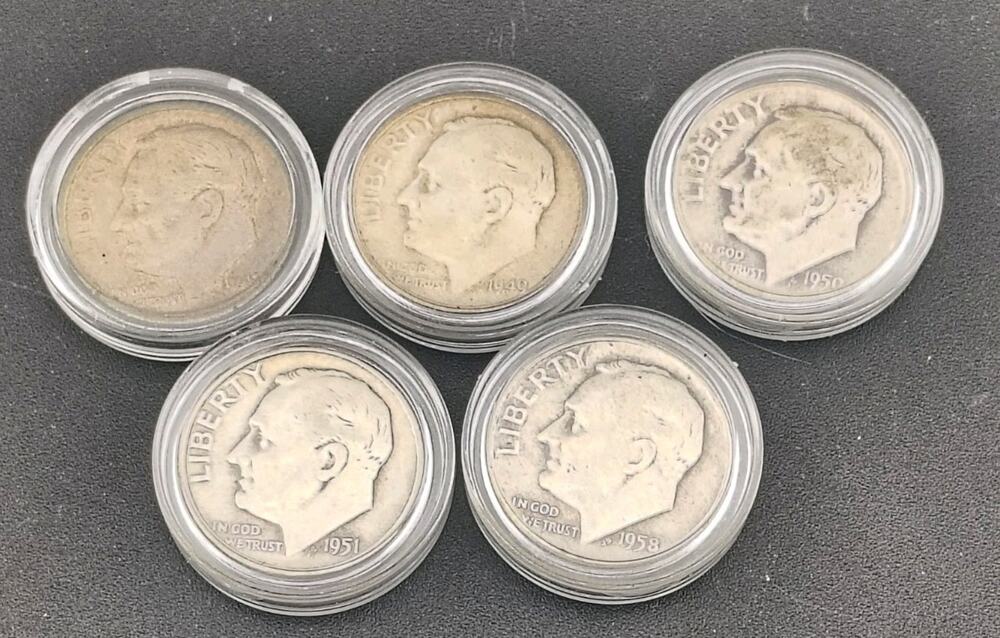 1949-S Semi Key 90% Silver Roosevelt Dime Lot 5 Coins 1949-1958 Vintage US Mint
